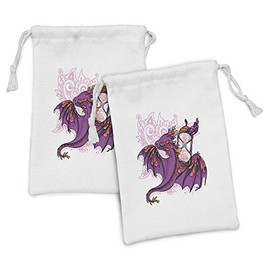 Lunarable Traditonal Fabric Pouch Set of 2, Eastern Japanese Dragon with Hourglass Doctrine Folk Print, Small Drawstring Bag for Toiletries Masks and Favors, 9" x 6", Purple and Dark Orange
