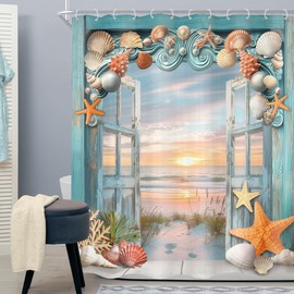 Cinbloo Starfish and Seashells Shower Curtain 60Wx72H Beach Barn Door Ocean Coastal Sunset Scenery Rustic Seaside Landscape Teal Blue Wooden Sea Coral Nautical Bathroom Decor Fabric with 12 Hooks
