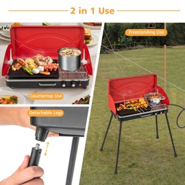 Moccha 2-Burner Propane Camping Stove - Portable Camp Grill w/Dual Control Knobs, Detachable Legs, 3-Sided Wind Screen, 20,000 Total BTUs of Power, Outdoor Grill Stove for Tailgating BBQ Picnic (Red)