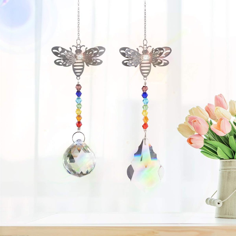Set of 2 Crystal Glass Bee Suncatcher Hanging Rainbow Maker