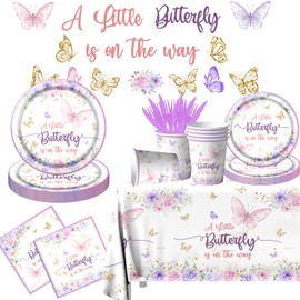 Butterfly Baby Shower Tableware Set Decoration,A Little Butterfly Is On Her Way Baby Shower Plates and Napkins Supplies Include Tablecloth Banner Cups for Purple Floral Butterfly Spring Theme for Girl