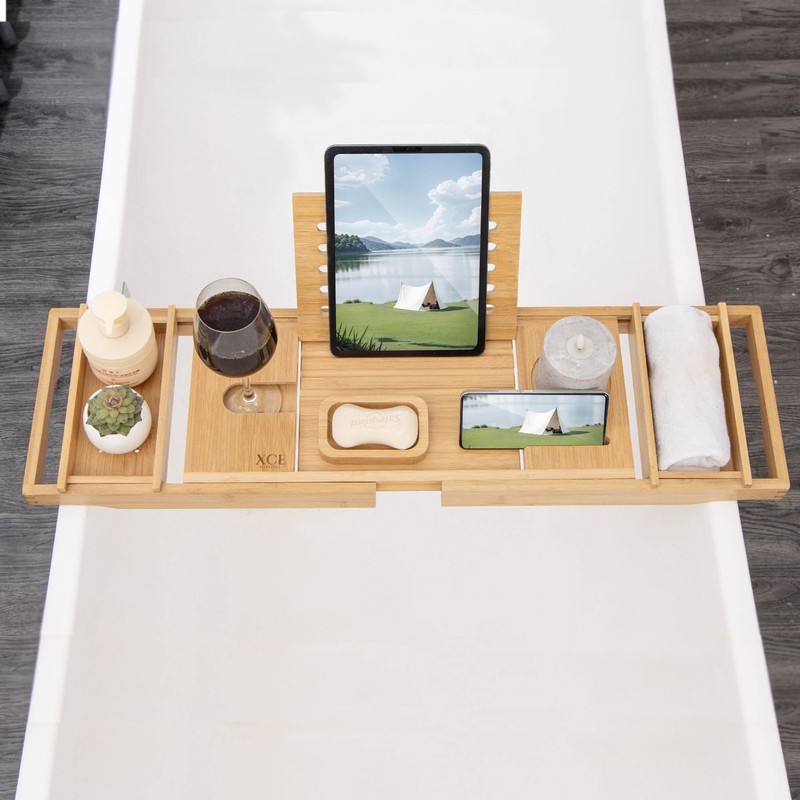 XcE Bamboo Bathtub Caddy Tray - Expandable to 41 Inches