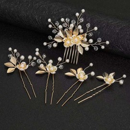 Alloy Floral Wedding Comb for Brides Set of 5- Crystal & Pearl Bridal Hairpieces, Elegant Rhinestone Hair Accessories for Women (Gold/Silver) (Gold)