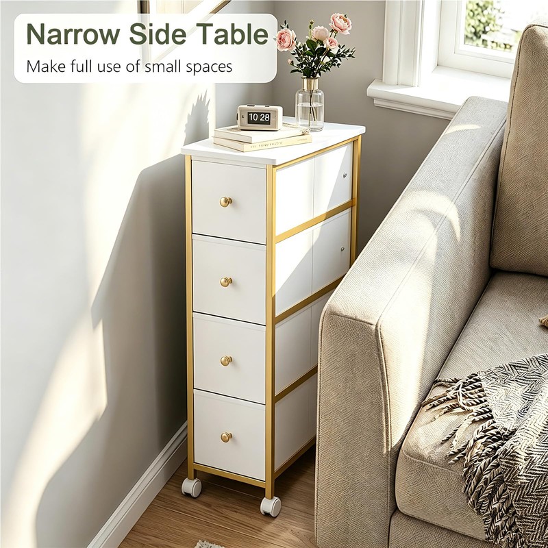 Narrow Side Table with 4 Fabric Drawer, Slim BedsideTable for