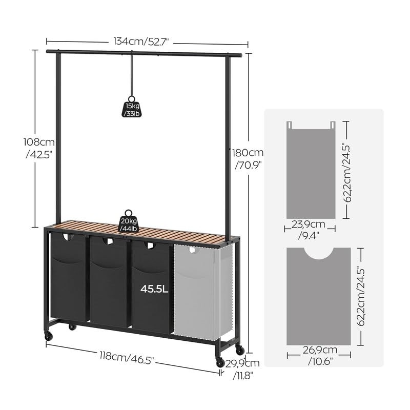 YATINEY Laundry Sorter 4 Section, Rolling Laundry Hamper with Hanging