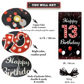 13th Birthday Door Banner Backdrop, Happy 13th Birthday Decorations for Girls, Red Black 13 Year Old Birthday Party Photo Props, Thirteen Birthday Yard Sign for Outdoor Indoor, Sturdy Fabric Vicycaty