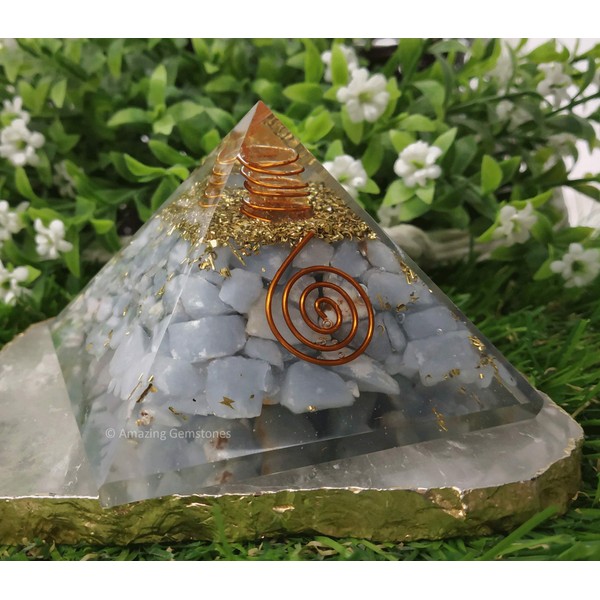 Orgone Pyramid with Angelite Crystal and Healing Coil Quartz Point - Natural Healing Stones Orgonite Energy Generator for Yoga Meditation