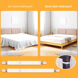 Pack of 6 Bed Sheet Straps Adjustable (2 Long + 4 Short), Elastic Fitted Sheet Holder, Flat Sheet Tensioner, White Linen Tensioner with Metal Clips, Tie Down Straps for Bed Sheets, Braces for Bed Sheets