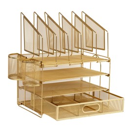 Office Depot® Brand Mesh Desk Organizer With Vertical Storage And Pen Holders, 16" H x 12-3/4"W x 9-1/2"D, Gold