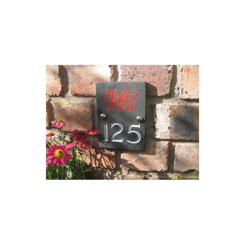 Engraved Slate House Number Sign Plaque with Hand Painted Motif