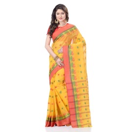 dB DESH BIDESH Women`s Traditional Bengal Tant Woven Lotus Kolka Design Pure Cotton Handloom Saree Without Blouse Piece 5.6 Mtr Yellow