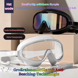 HSTWODE Swimming Goggles with Prescription 180° Panorama Swimming Goggles, Glasses Case, 2 Sets Nose Clip Earplugs, Adult Anti-Fog UV Protection Swimming Goggles (White Highly Transparent, -5.0)