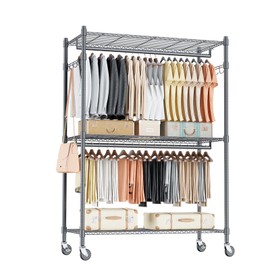 Homdox Heavy Duty Rolling Clothing Rack, Adjustable Garment Rack with 3 Tier Storage Shelves, Freestanding Closet Wardrobe for Hanging Clothes with Side Hooks, Gray