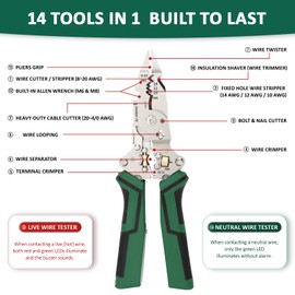 Rinhtma 14-in-1 Wire Stripping Pliers, 2026 New Wire Strippers Tool with Voltage Tester & Alarms, Detectable 12-250V, Heavy-Duty Electrical Pliers & Wire Cutters–for Professional and Home Use (Green)