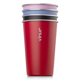 VINUR - Vasos de acero inoxidable de 16 onzas, paquete de 4 vasos apilables de metal para viajar, acampar, al aire última intervensión (azul real, rojo, negro, morado y rosa)