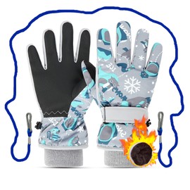 Caudblor Ski Gloves For Kids, Waterproof Winter Gloves For Boys Girls, Insulated Youth Winter Gloves Age 7-9 Years Old, Gray Warm Thick Ski Snowboard Gloves For Children Outdoor Sledding