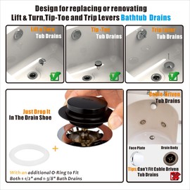 Artiwell Universal Tip Toe Bath Drain Stopper and Cover, Bathtub Drain Stopper, Replaces Lift and Turn, Tip-Toe and Trip Lever drains for Tub, EZ Installation and Clearing (MATT Black)