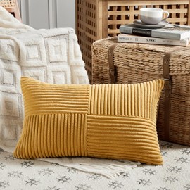 Fancy Homi 2 Packs Gold Yellow Lumbar Decorative Throw Pillow Covers 14x24 Inch for Couch Bed Sofa, Rustic Farmhouse Boho Spring Home Decor, Soft Striped Corduroy Rectangle Accent Cushion Case 35x60cm