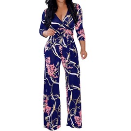 Lisa Colly - overol de verano para mujer, con estampado floral, pierna ancha, pantalones largos, Azul, XL