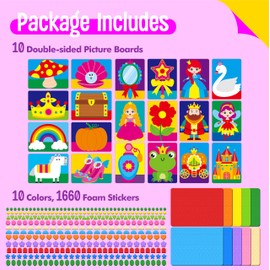 Foam Sticker Art Activity, 10 Princess & Castle Art Board with 1660 Foam Stickers in 10 Colors, Funny DIY Activity Creative Craft Kits Travel Game for Kids, Boys & Girls