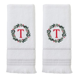 SKL Home Christmas/Winter Wreath Monogram Hand Towel T 2pc Set for Bath/Kitchen/Bar & Gift, White
