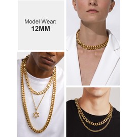 Thick Cuban Link Necklace Men and Womens Gold Chain Stainless Steel 24 Inch 12mm Chunky Curb Chain