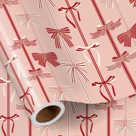 RUSPEPA Christmas Bow Wrapping Paper Roll for Girls, Mini Roll, Red and Cream Bow with Stripe Design, Pink Gift Wrap for Girls, Women, Kids, Friends, Xmas Holiday Gifts, 17 Inches x 16.4 Feet