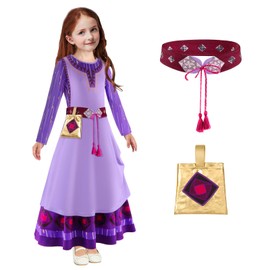 FUXHBFB Girls Wish Asha Costume Child Princess Dress Coplay Outfit Dress Up Earring Necklaces Birthday Christmas Print Dresses (110 cm)