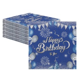 40 Pcs Happy Birthday Napkins - Blue Napkins, Napkins Disposable Party, Serviettes for Birthday Table Decorations Cocktail Supplies, 33X33cm
