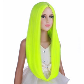 PATTNIUM Kids Long Straight Lime Green Wig with Wig Cap