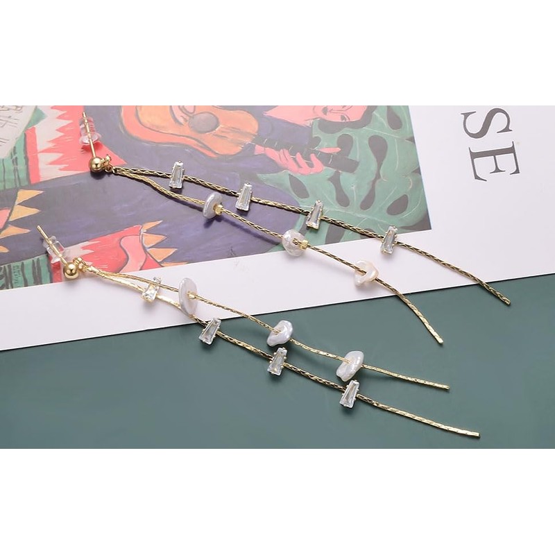 Aleasha Freshwater Pearl Earrings Women's Long Earrings Gold Stainless Steel