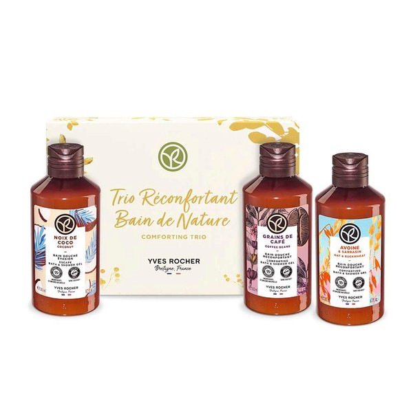 Yves Rocher Sulfate-Free Bath & Shower Gel Trio Gift Set, Scents include Coffee Beans, Coconut, Oat & Buckwheat Scent, Made in France and 100% Recycled Plastic Bottle- 200 ml each (Creamy)