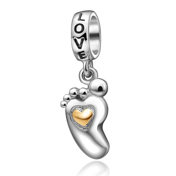 Baby Feet Dangle 925 Sterling Silver Charm Heart & Love