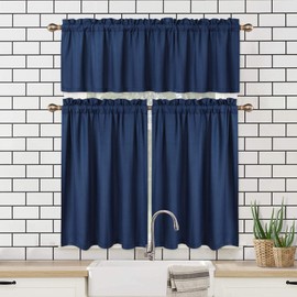 CAROMIO Cafe Curtains 36 Inches Length, Short Kitchen Curtains with Embossed Bubble Textured, Soft Seersucker Fabric Bathroom Curtains for Shower (Navy Blue, 30" W x 36" L, Set of 2)