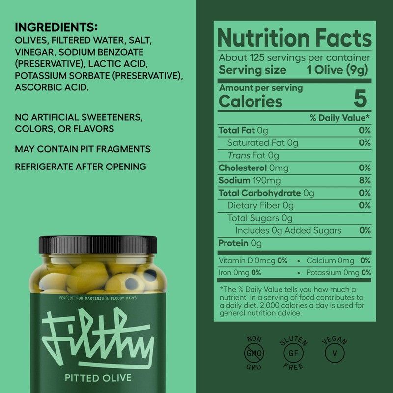 Filthy Pitted Olives, Premium Cocktail Garnish, Pitted Queen Olives, Naturally