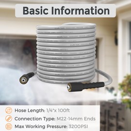 Giraffe Tools Pressure Washer Hose 100FT X 1/4", 3200 PSI Pressure Washing Hose, Kink Resistant, Heavy Duty Power Washer Hose, M22 to 3/8" Quick Connect Couplers for Replacement, 7 Accessories