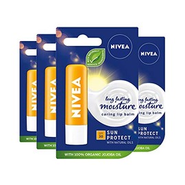 NIVEA Sun Protect Caring Lip Balm Pack of 4 (4 x 5.5ml), Protective Lip Moisturiser with Shea Butter and SPF30, Sun Protection Lip Balm for 24h Moisture Care, Melt-In Lip Care