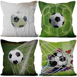 Aoihrraan 41 x 41 cm, Set of 4 Decorative Football Game Cushion Covers, The Goal Shooting, Green, Grass Football Set, Decorative Cushion Cover, Square Couch Cushion, Sport, Boy's Sofa, Bedroom,
