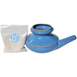 Baraka Neti Pot (Blue) Tool Kit for Home 2 oz Mineral Sea Salt Rinse for Sinus and - Handcrafted Ceramic Dishwasher Safe - Relaxing Gifts for Women - Snoring & Saline Solution