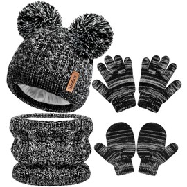 Hicdaw Kids Winter Hats Gloves Scarf Set Kids Mittens Double Pompom Cap Fleece Lined Toddler Beanie Hat for Boy Girl, Color E