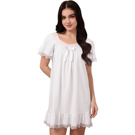 Nanxson Cotton Nightgown for Women Short Sleeve Princess Nightdress Victorian Nightwear Lace Ruffled Nighties with Bow (S,Short White)