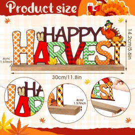 Realspring Fall Decorations for Home Happy Harvest Metal Sign Thanksgiving Table Decor Fall Tiered Tray Decor with Wooden Base Rustic Metal Word Sign for Home Tabletop Centerpiece Mantel Shelf Desk