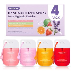 Treeroot 4-Pack Hydrating Hand Sanitizer Spray, Alcohol-Free Travel Size Pocket Sanitizer with Keychain Hook, Silver Ion Moisturizing Rinse-Free Hand Washcloths Sprayer, Women Travel Essentials