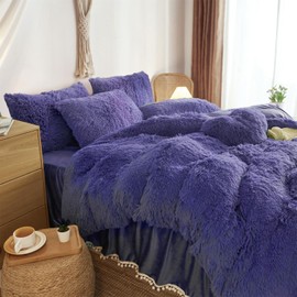 HAIHUA Navy Blue Fluffy Twin Comforter Cover Set，Faux Fur Girls Bedding 1 Pieces (1 Plush Duvet Cover) Fluffy Bed Sets (Navy Blue, Twin)