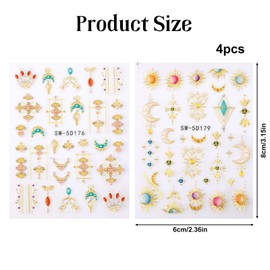 lasuroa 4St Nagelaufkleber Sonne Mond, 5D Geprägt Gold Nagelaufkleber Boho Selbstklebend Metallisch Tribal Totem Design Maniküre Kunst Abziehbilder für Frauen Mädchen DIY Dekoration