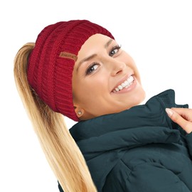 TOSKATOK® Women's Ladies’ Plain Ponytail Messy Bun Ribbed Winter Beanie Hat Cap Hair Hairband -
