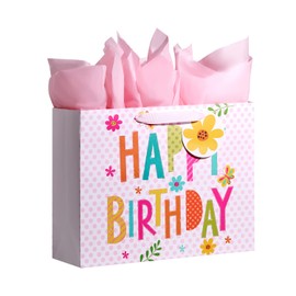 Bobobag 13" Pink Gift Bag with Tissue Paper for happy Birthday large gift bags for Girls