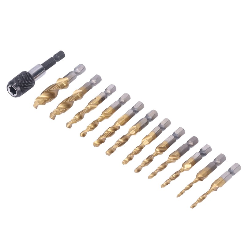 13Pcs/Set Combination Drill Tap High Speed Steel Titanium Plated Hex