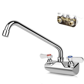 ZKDAUSDO Commercial Sink Faucet 12" Swivel Spout, Wall Mount Kitchen Hand Sink Faucet with 4 Inch Center, 1/2" NPT Male Inlet, Brass Constructed & Chrome Polished, Dual Lever Handles