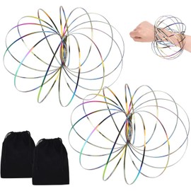 TenaLucy 2 Pieces Flow Rings Toy, Magic Flow Rings 3D Arm Spring Magic Flow Ring Stainless Steel Multi-Sensory Educational and Interactive Feather Toy with Black Velvet Bag (Colourful)
